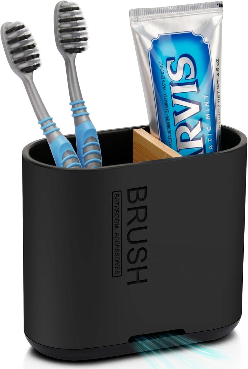 Chintu Toothbrush and Toothpaste Holder with Bamboo Divider for Bathroom Countertop Organizer, Detachable for Easy Clean, 2 Slots Electric Toothbrush Holders Storage Caddy Drainage for Family-Black - Image 1